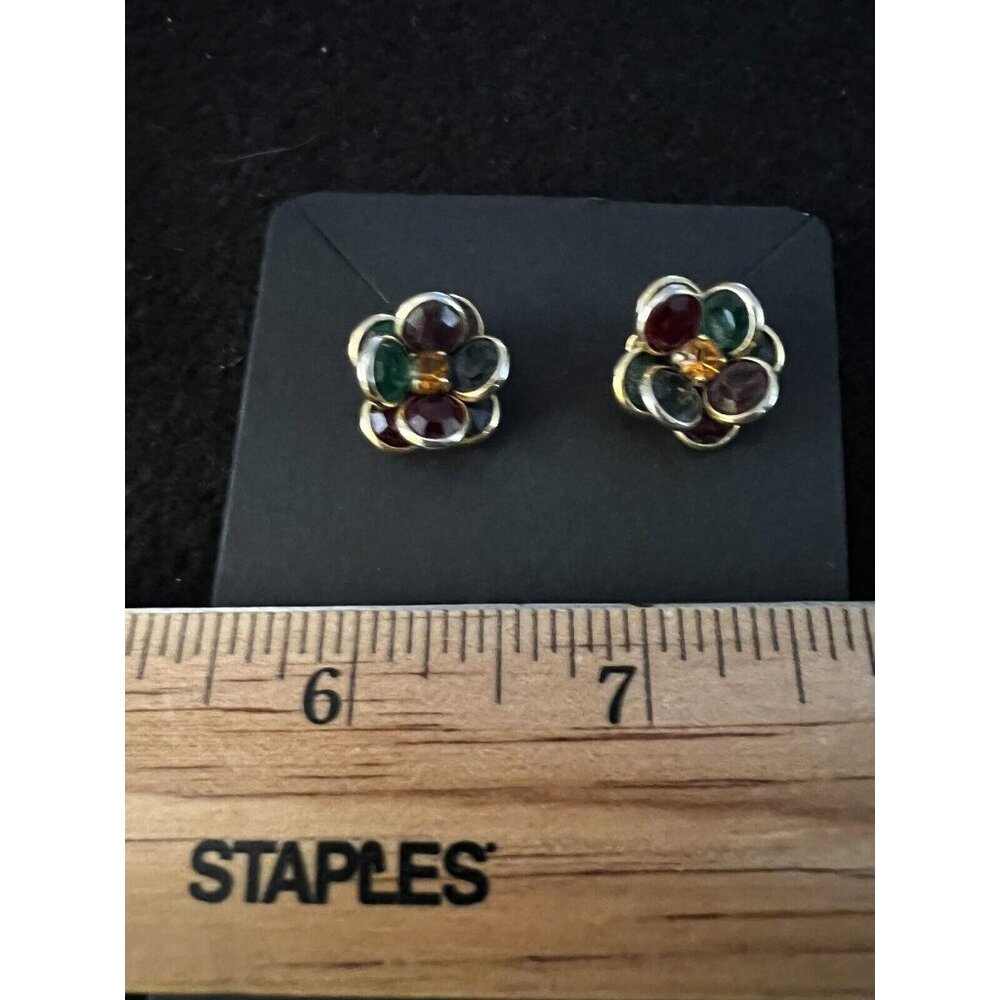 Stunning Maroon and Green 3D Holiday Flowers Stud Post Earrings w Orange Stones - Picture 3 of 4